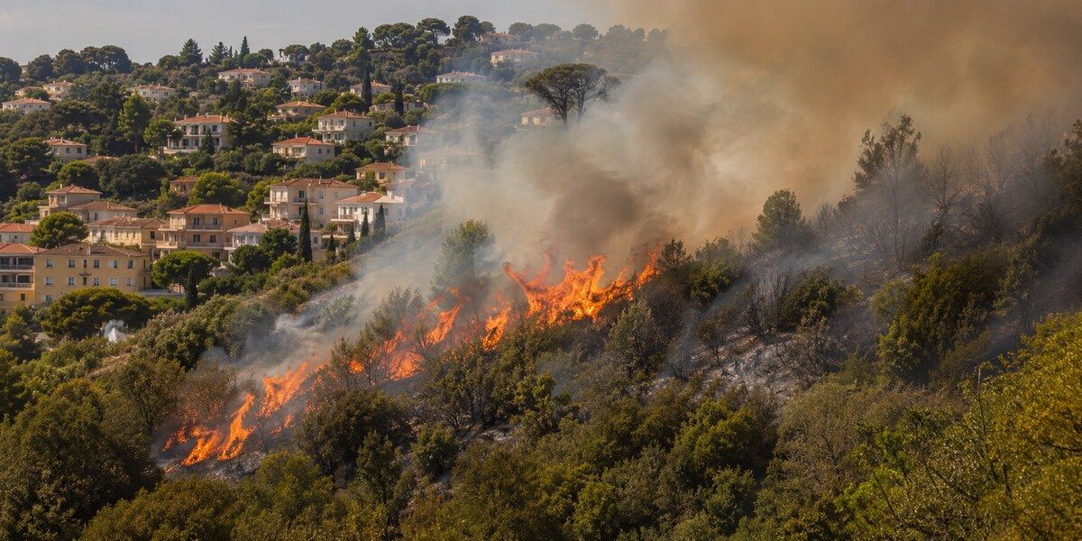 Feu de forêt en journée sur une colline méditerranéenne urbanisée évoquant Le Cannet, avec flammes, fumée et habitations en lisière