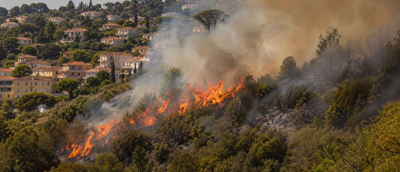 Feu de forêt en journée sur une colline méditerranéenne urbanisée évoquant Le Cannet, avec flammes, fumée et habitations en lisière