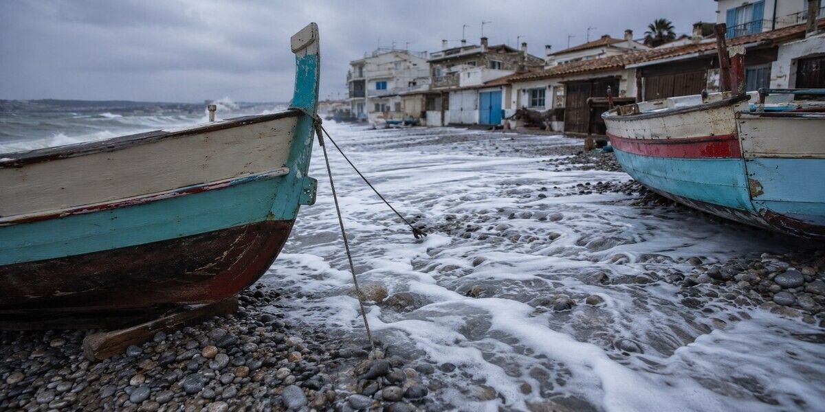 Vagues franchissant la plage de galets autour des barques traditionnelles du Cros-de-Cagnes
