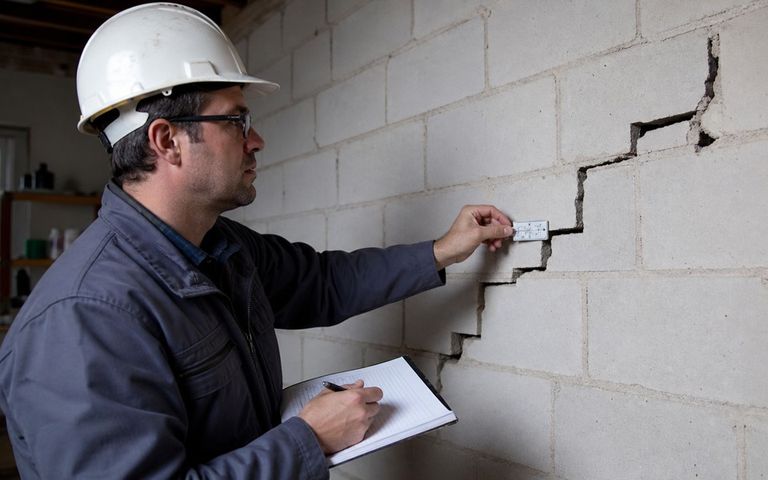 Ingénieur contrôlant une fissure en escalier dans un mur porteur
