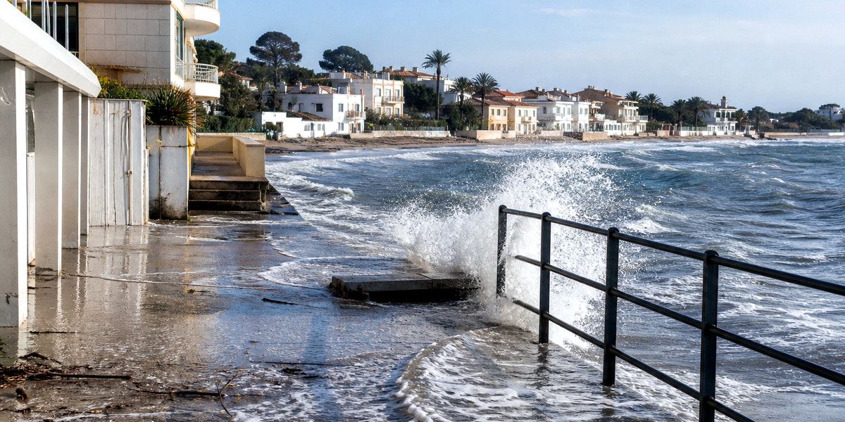 Vague franchissant une promenade littorale et atteignant les accès bas d’un immeuble à Golfe-Juan.