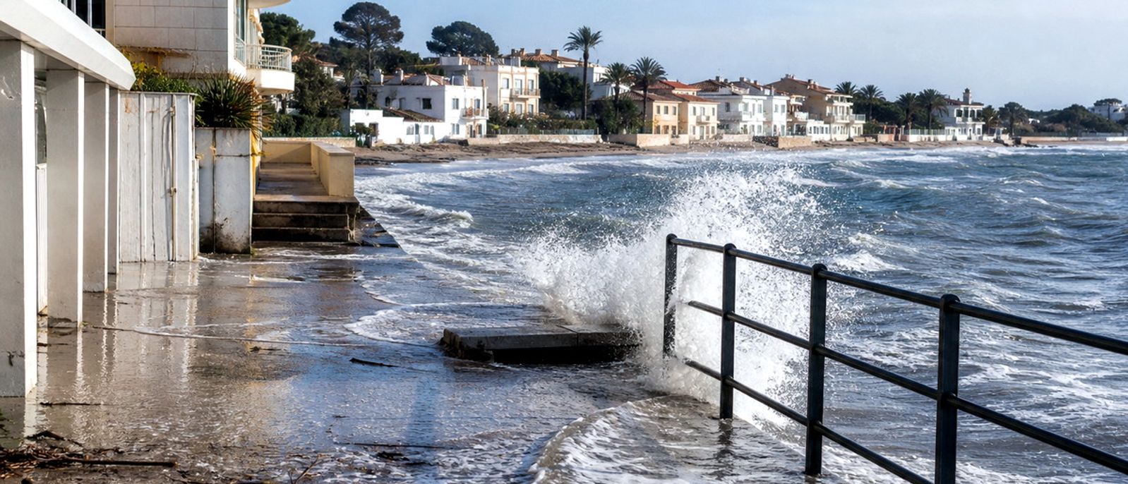 Vague franchissant une promenade littorale et atteignant les accès bas d’un immeuble à Golfe-Juan.