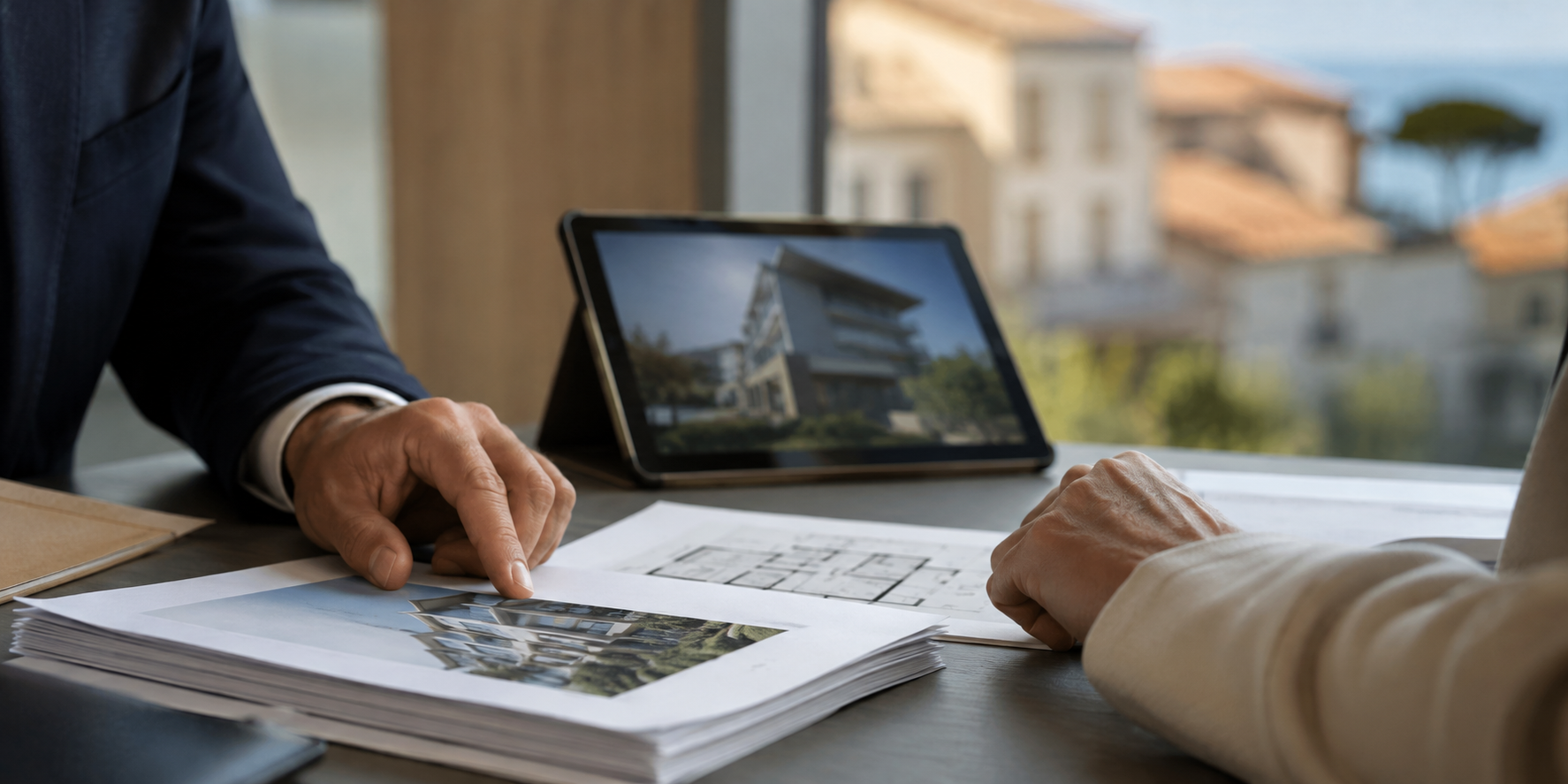 Conseiller bancaire et client examinant un dossier d’expertise immobilière.