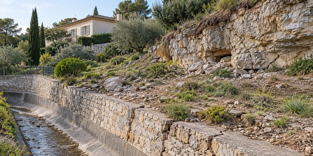 Terrain résidentiel en pente avec affleurement rocheux, mur de soutènement et canal de drainage, illustration des mouvements de terrain