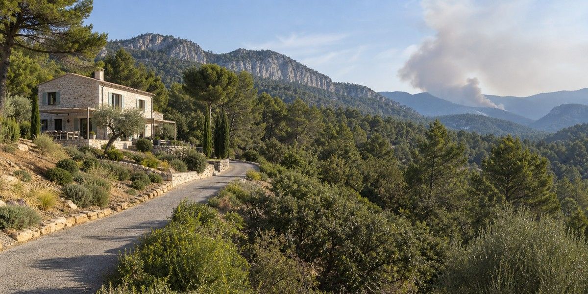 Maison en pierre au contact d’un massif boisé des Préalpes avec panache de fumée éloigné