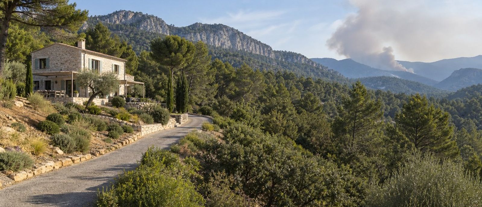 Maison en pierre au contact d’un massif boisé des Préalpes avec panache de fumée éloigné