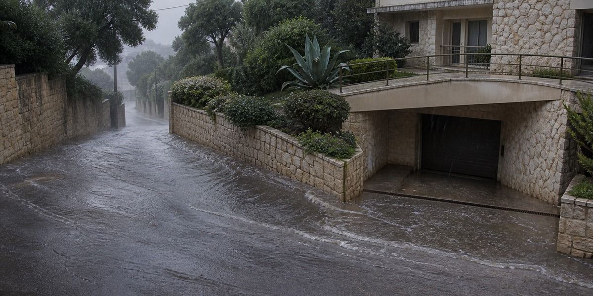 Écoulement pluvial atteignant une voie en pente bordée de murs