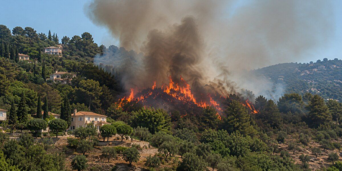 Feu de forêt en pleine journée sur une colline boisée avec flammes, fumée, restanques et villas à proximité
