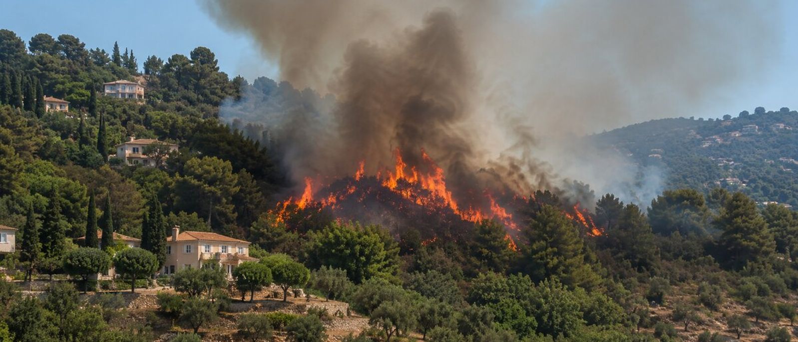 Feu de forêt en pleine journée sur une colline boisée avec flammes, fumée, restanques et villas à proximité