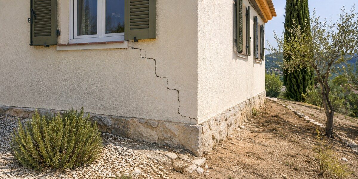 Fissure en escalier sur la façade d’une villa méditerranéenne au Cannet, désordre compatible avec un mouvement différentiel du sol