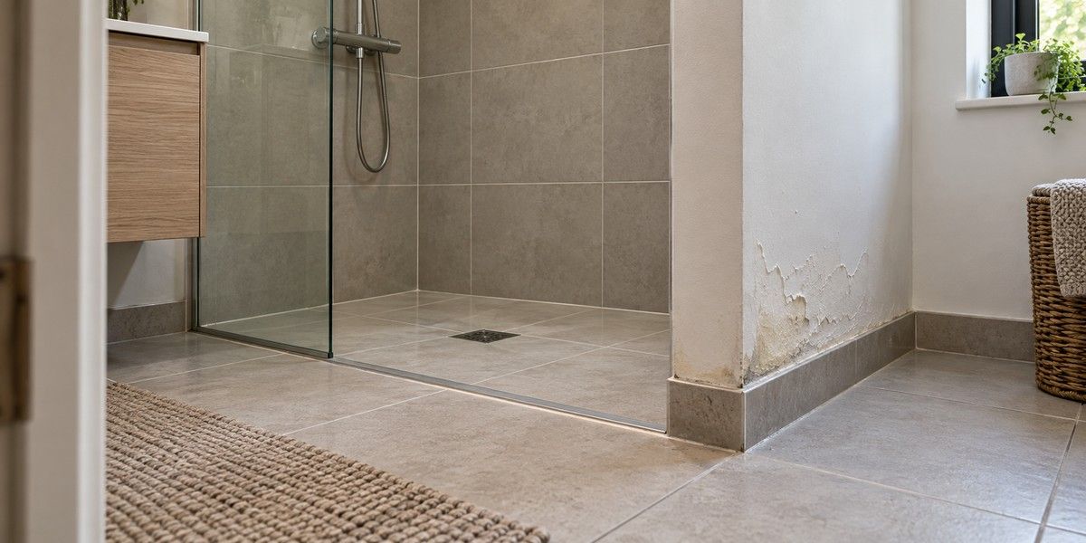 Douche carrelée de plain-pied avec une peinture écaillée et des traces d’humidité au pied de la cloison voisine.