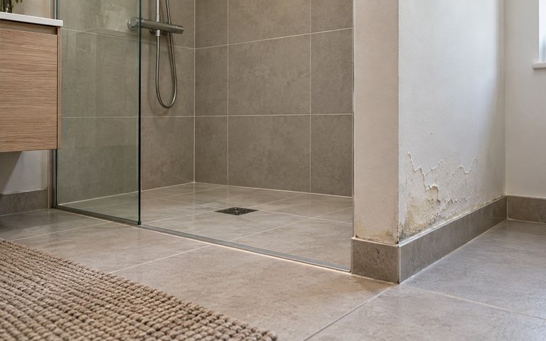 Douche carrelée de plain-pied avec une peinture écaillée et des traces d’humidité au pied de la cloison voisine.
