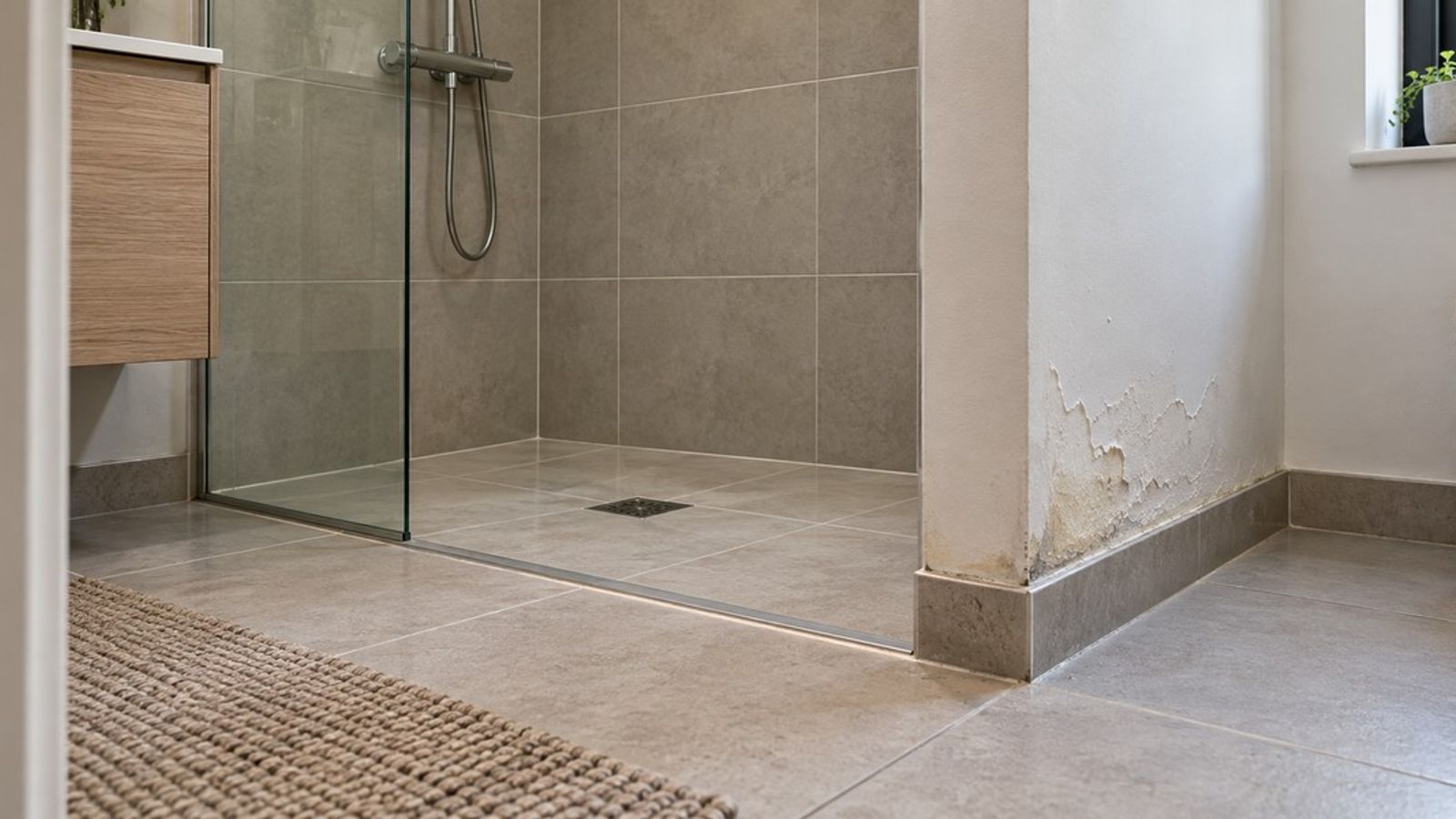 Douche carrelée de plain-pied avec une peinture écaillée et des traces d’humidité au pied de la cloison voisine.