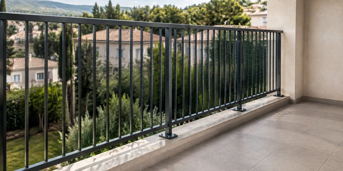 Garde-corps métallique à barreaux verticaux sur un balcon carrelé, avec fixations visibles sur un socle.