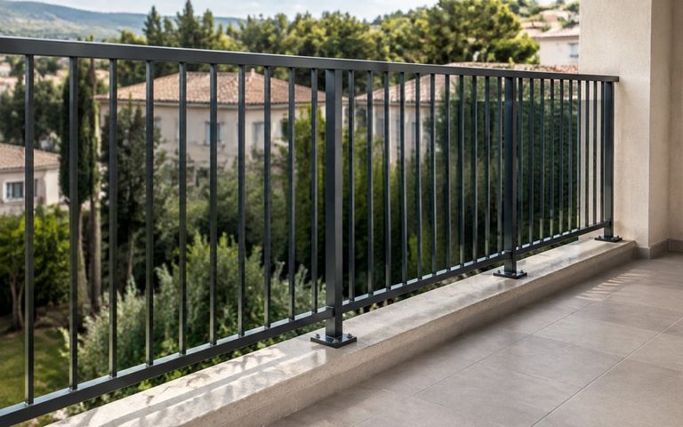 Garde-corps métallique à barreaux verticaux sur un balcon carrelé, avec fixations visibles sur un socle.