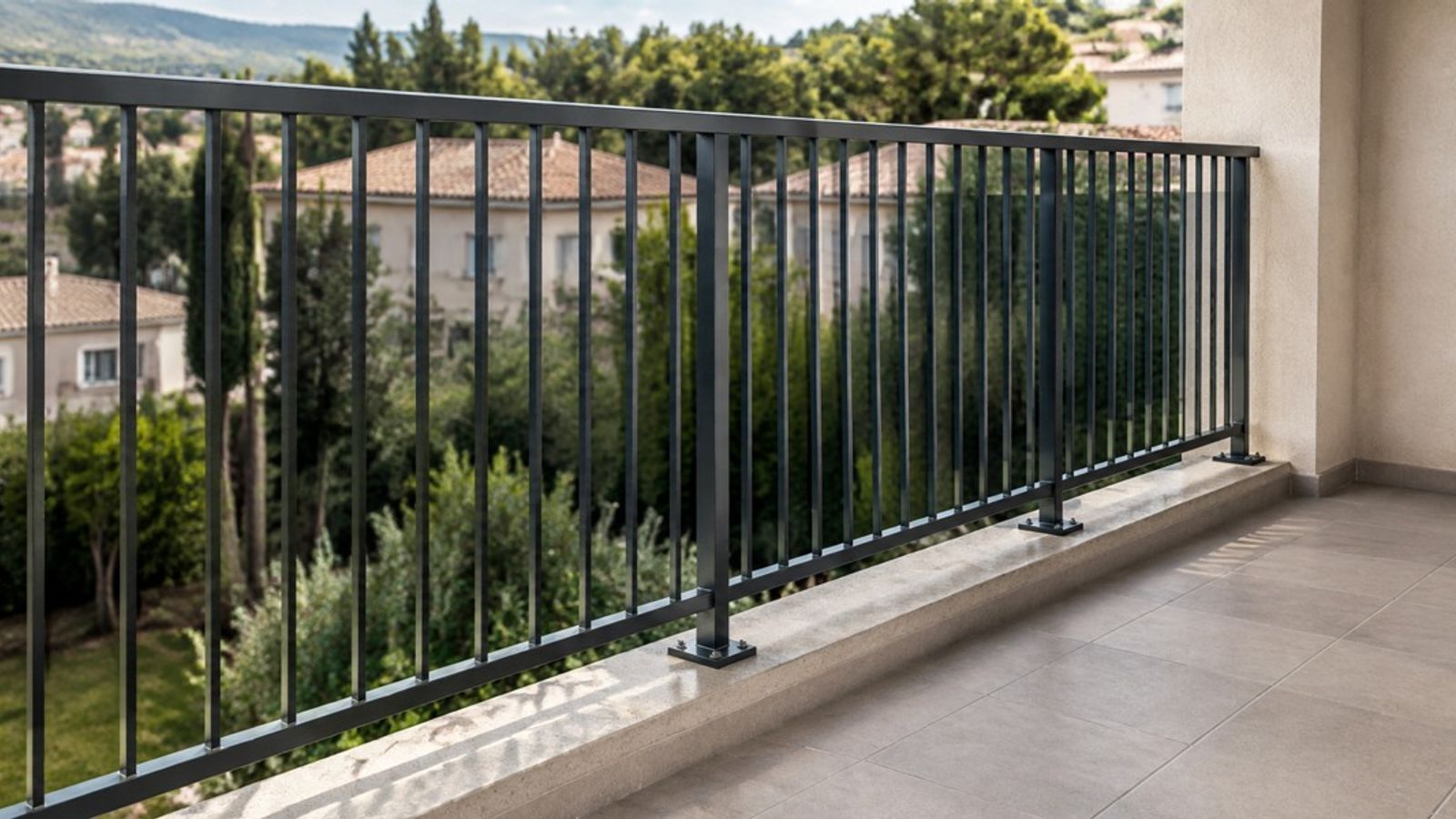 Garde-corps métallique à barreaux verticaux sur un balcon carrelé, avec fixations visibles sur un socle.