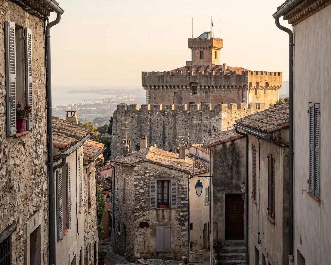 Vue panoramique de Cagnes-sur-Mer entre le Haut-de-Cagnes, le centre urbain, le Cros-de-Cagnes et la Méditerranée