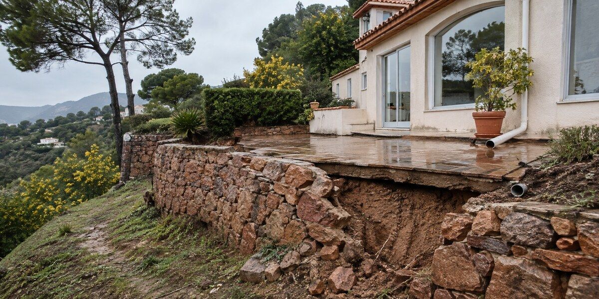 Mur de soutènement déplacé et terrasse affaissée sur une villa en pente dans un paysage méditerranéen évoquant Mandelieu-la-Napoule