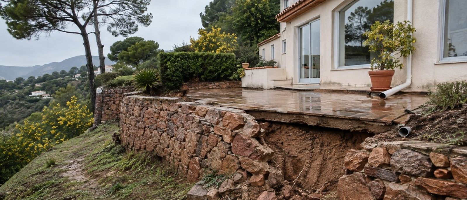 Mur de soutènement déplacé et terrasse affaissée sur une villa en pente dans un paysage méditerranéen évoquant Mandelieu-la-Napoule