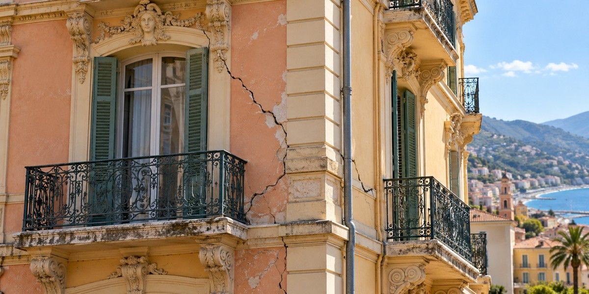 Fissures visibles sur la façade d’un immeuble Belle Époque de Menton avec balcons en ferronnerie