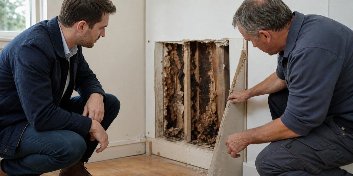 Acquéreur et expert découvrant une ancienne infiltration derrière un doublage intérieur