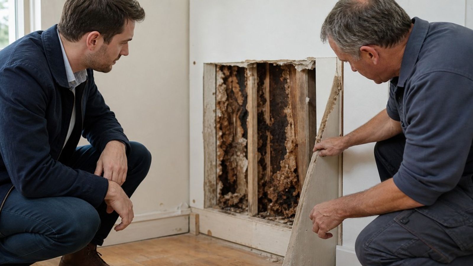 Acquéreur et expert découvrant une ancienne infiltration derrière un doublage intérieur