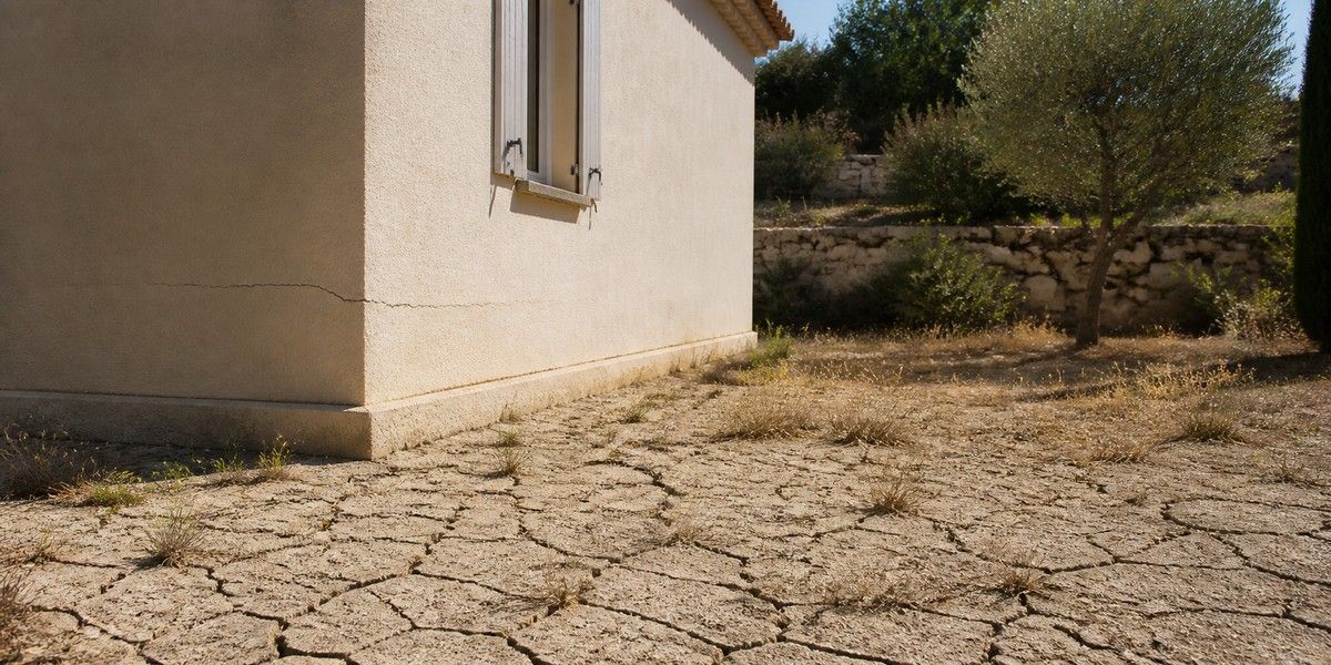 Sol desséché et fissuré au pied d’une maison sur terrain en restanques