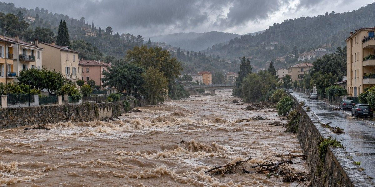 Cours d’eau en crue traversant une vallée urbanisée sous une pluie intense, illustration du risque d’inondation