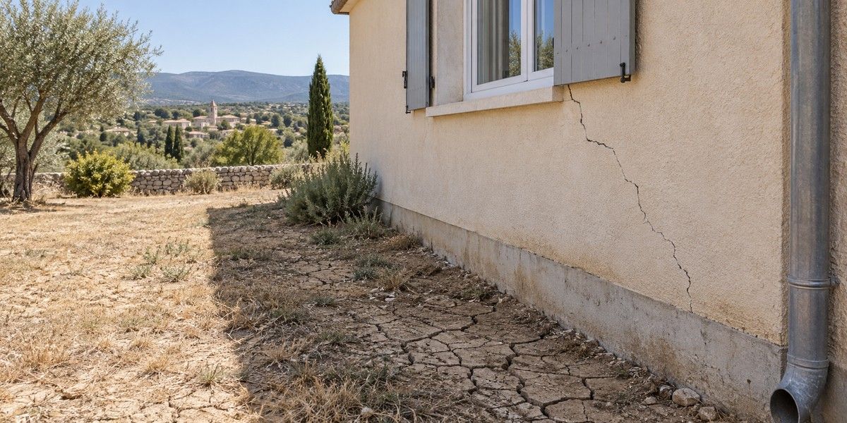 Fissure sur la façade d’une maison bordée par un sol desséché et craquelé en période de sécheresse