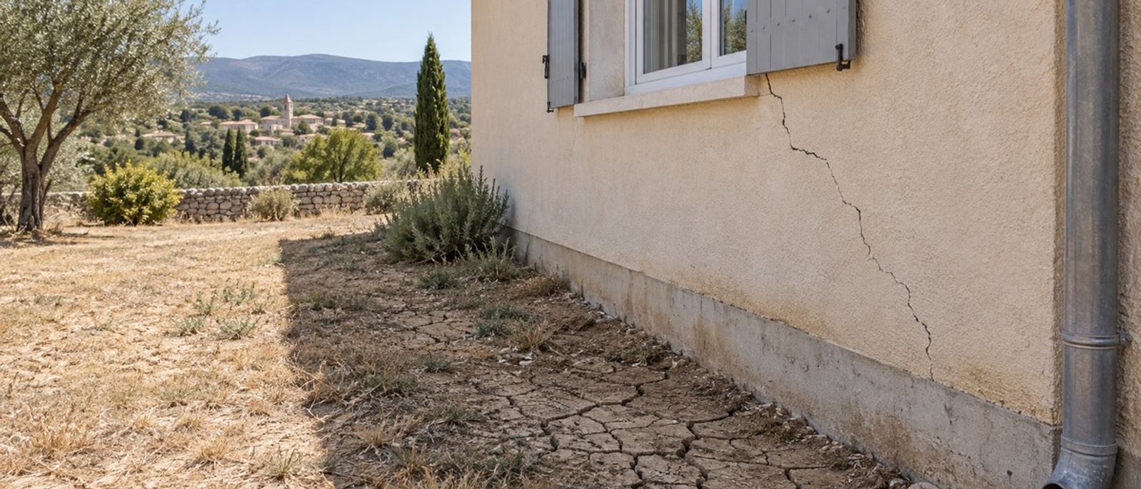 Fissure sur la façade d’une maison bordée par un sol desséché et craquelé en période de sécheresse
