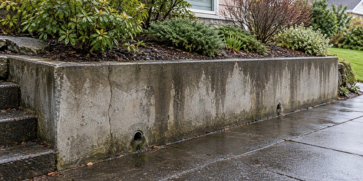 Mur de soutènement en béton fissuré, avec des traces humides et deux évacuations, devant un jardin surélevé et une allée mouillée.