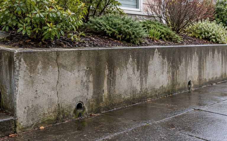 Mur de soutènement en béton fissuré, avec des traces humides et deux évacuations, devant un jardin surélevé et une allée mouillée.