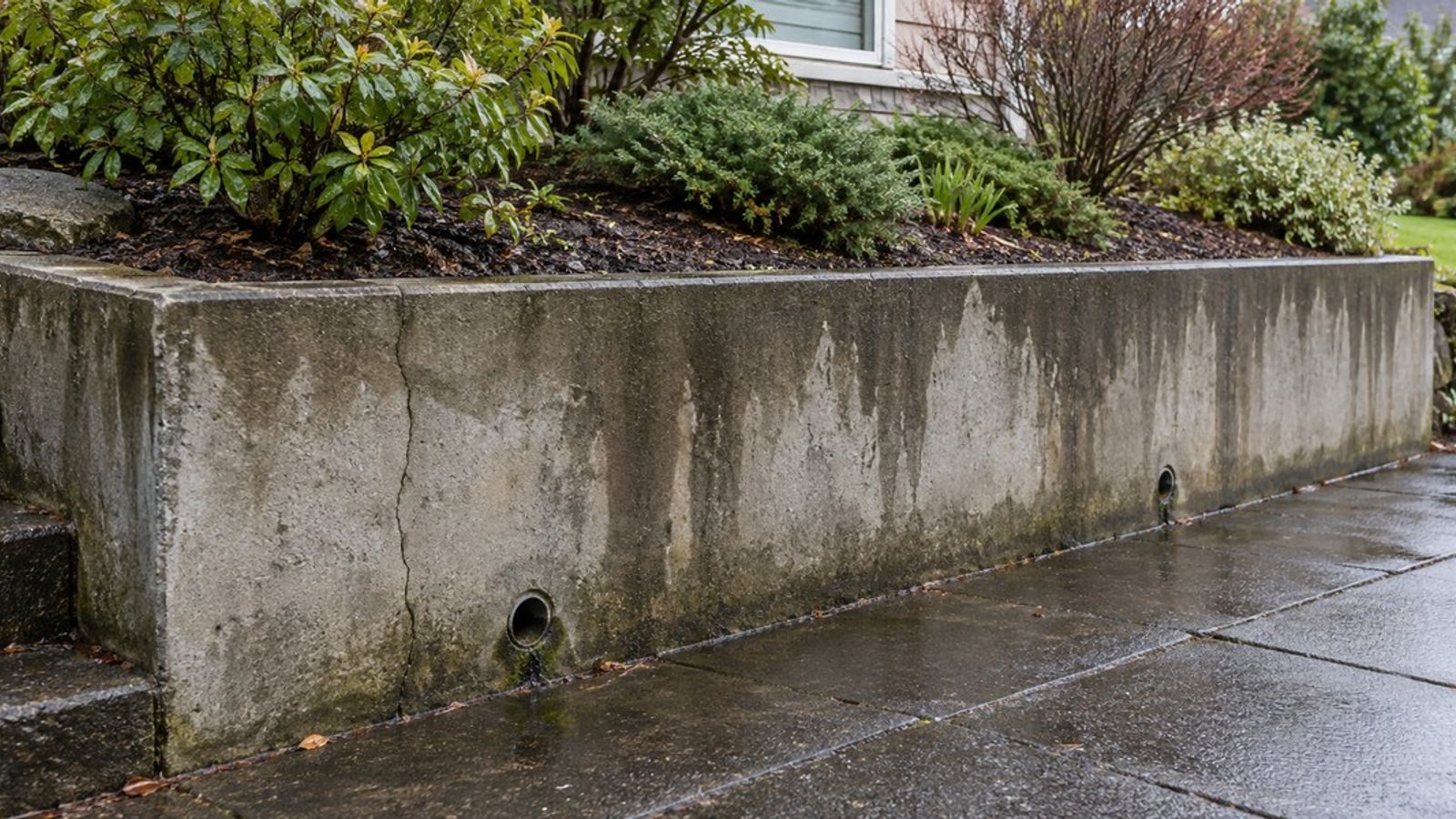 Mur de soutènement en béton fissuré, avec des traces humides et deux évacuations, devant un jardin surélevé et une allée mouillée.