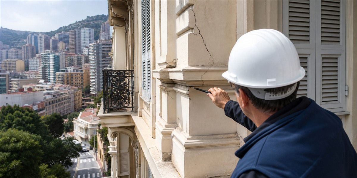 Expert inspectant une fissure sur la façade d’un immeuble ancien de Monaco dans le cadre du risque sismique