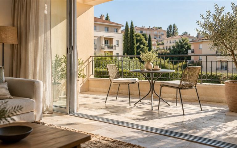 Terrasse carrelée avec une table, deux chaises et un olivier en pot, ouverte sur le séjour d’un appartement.