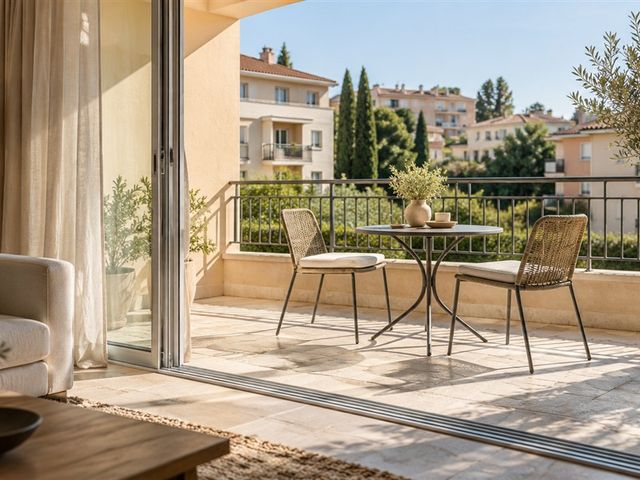Terrasse carrelée avec une table, deux chaises et un olivier en pot, ouverte sur le séjour d’un appartement.