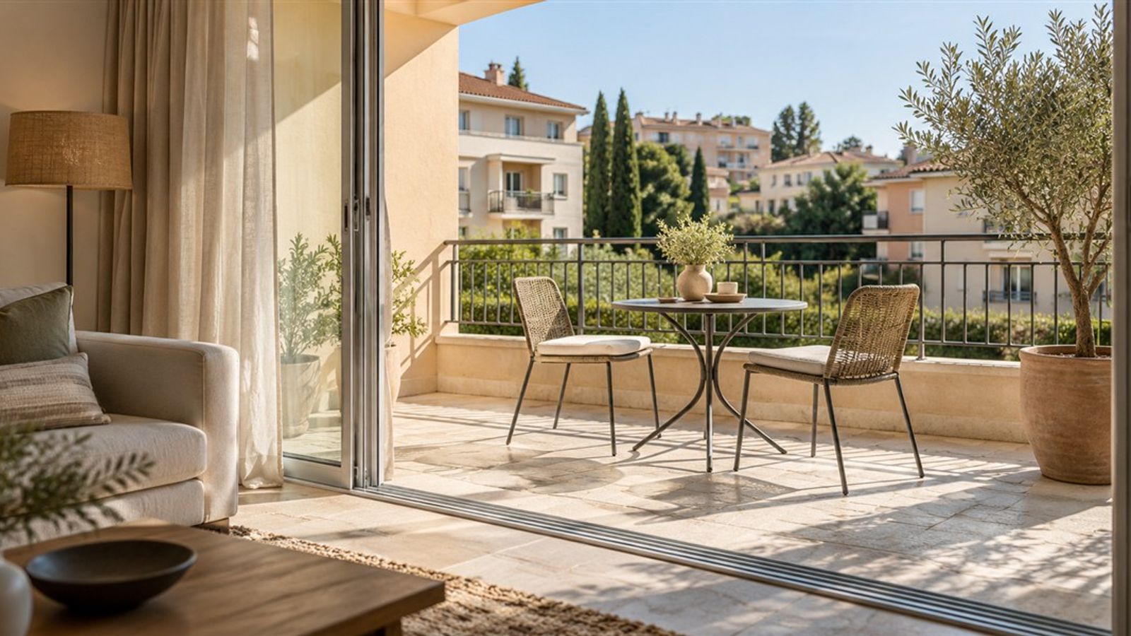 Terrasse carrelée avec une table, deux chaises et un olivier en pot, ouverte sur le séjour d’un appartement.