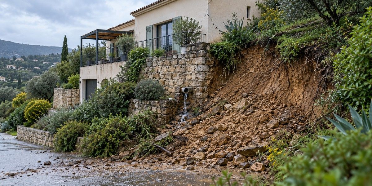 Maison sur un coteau avec talus localement glissé, mur de soutènement et évacuation d’eau, illustration des mouvements de terrain