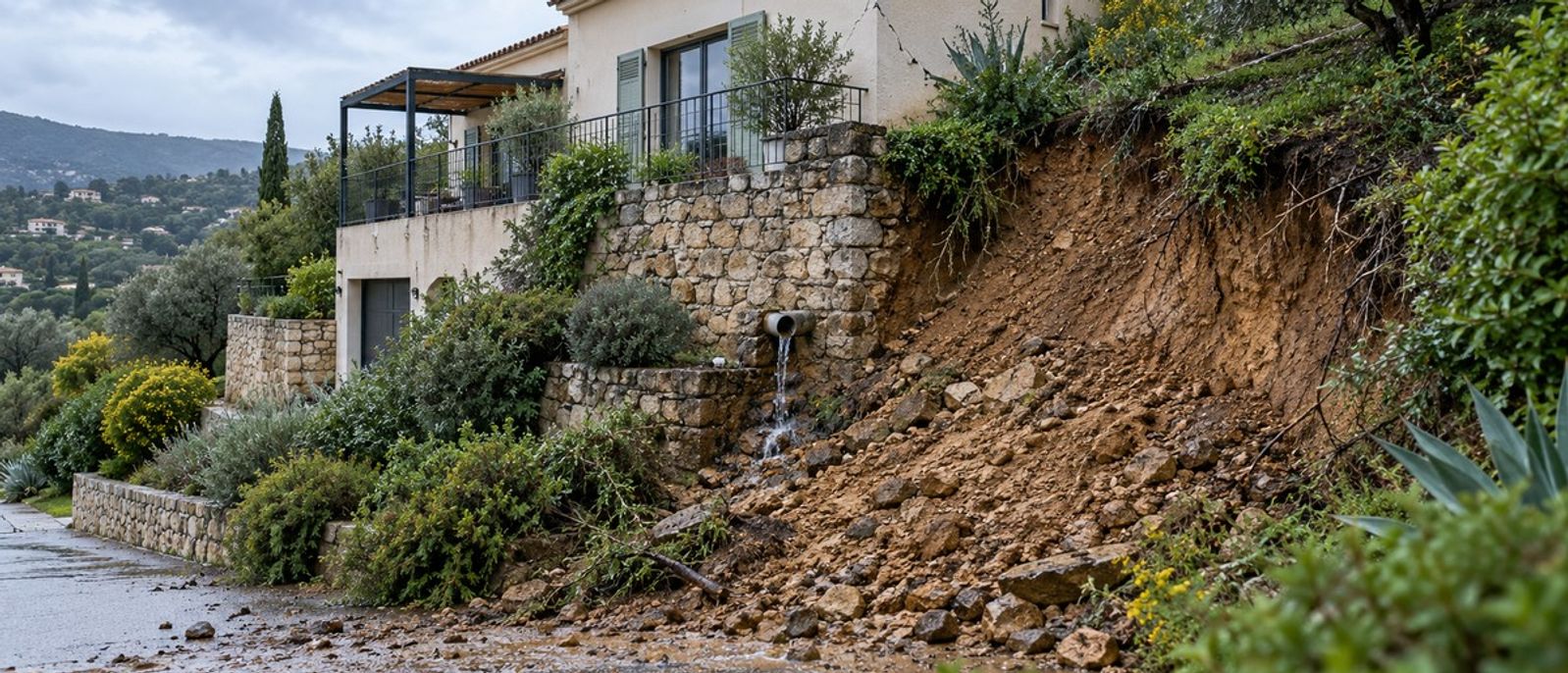 Maison sur un coteau avec talus localement glissé, mur de soutènement et évacuation d’eau, illustration des mouvements de terrain