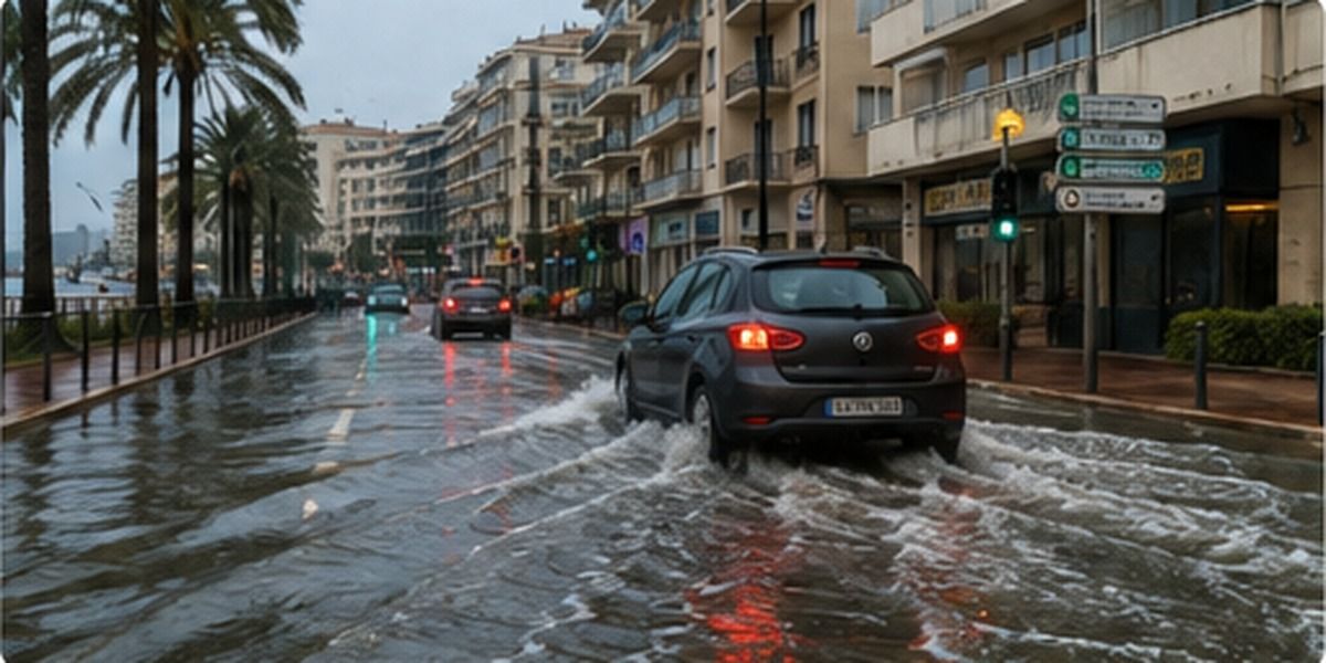 Rue cannoise inondée après un épisode méditerranéen intense, avec de l’eau autour des véhicules et des immeubles
