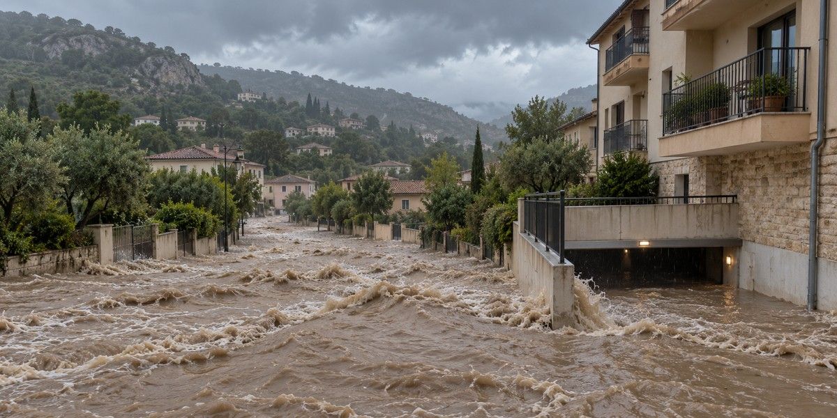 Rue résidentielle méditerranéenne envahie par des eaux boueuses près d’un parking, illustration de l’inondation et du ruissellement