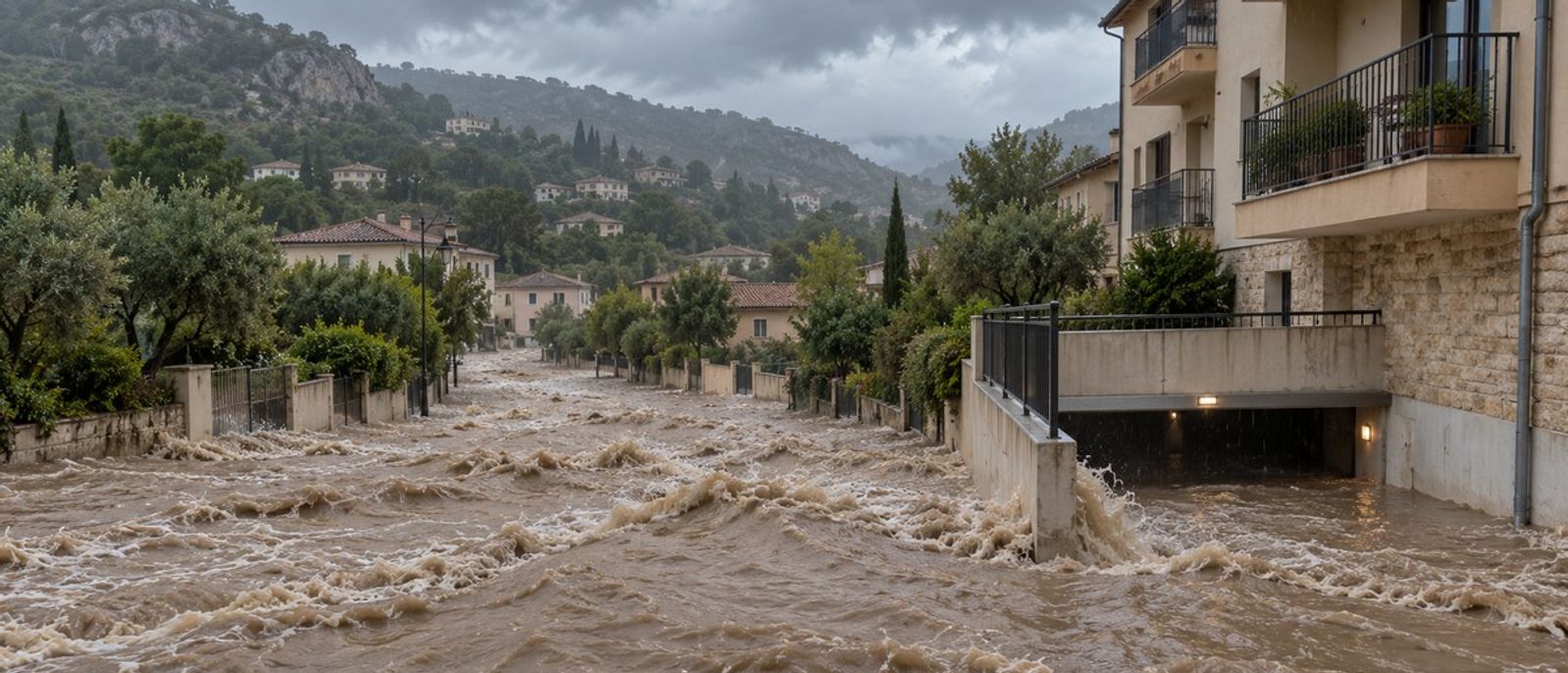 Rue résidentielle méditerranéenne envahie par des eaux boueuses près d’un parking, illustration de l’inondation et du ruissellement