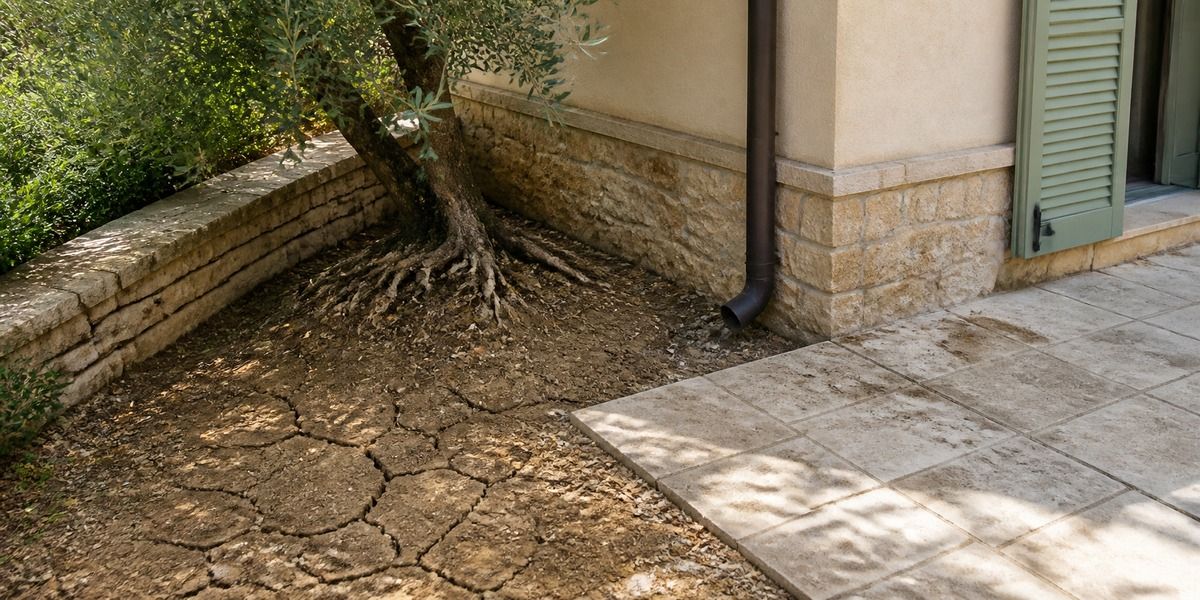 Sol sec et fissuré près d’une villa entourée de végétation méditerranéenne