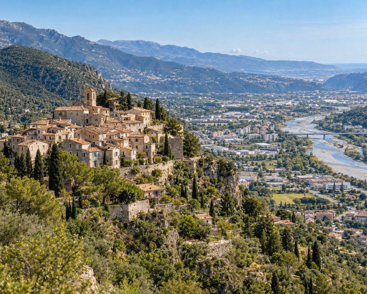 Vue illustrant le village perché de Carros, la vallée du Var et les secteurs bâtis de la plaine