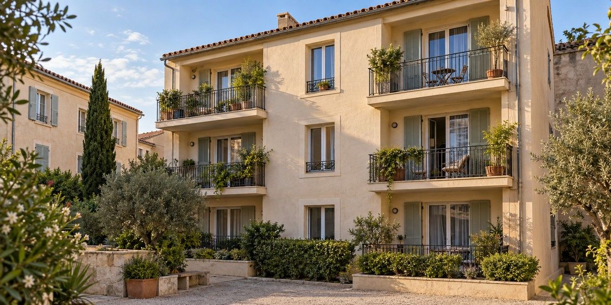 Façade d’un immeuble résidentiel avec balcons végétalisés donnant sur une cour arborée.