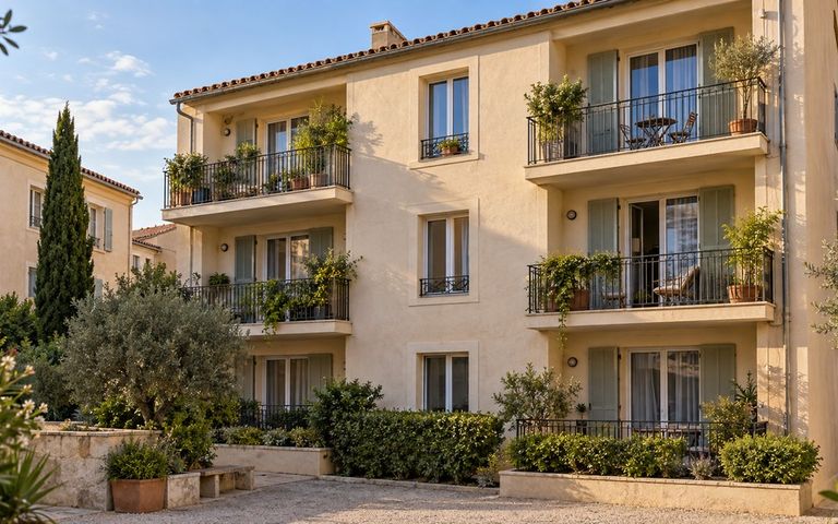 Façade d’un immeuble résidentiel avec balcons végétalisés donnant sur une cour arborée.
