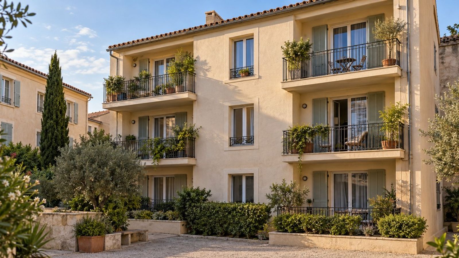 Façade d’un immeuble résidentiel avec balcons végétalisés donnant sur une cour arborée.
