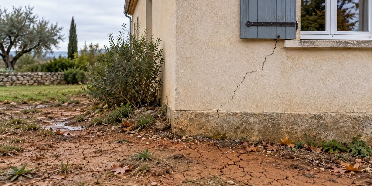 Fissure diagonale sous une fenêtre sur une façade beige, avec un sol craquelé et des zones humides au pied de la maison.