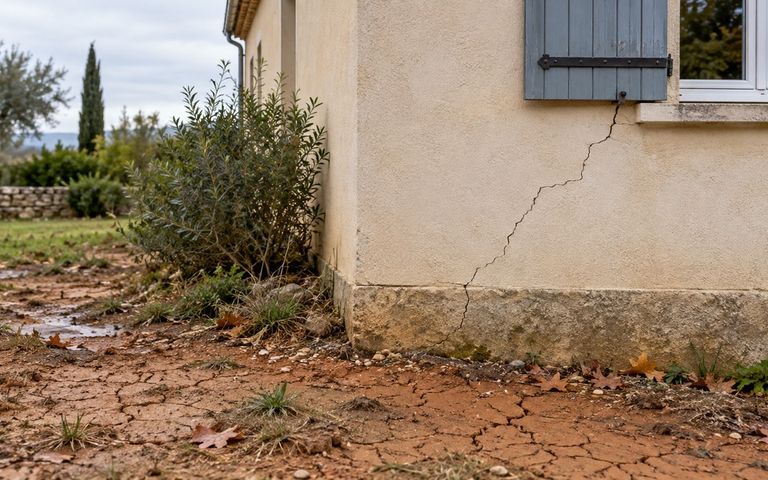 Fissure diagonale sous une fenêtre sur une façade beige, avec un sol craquelé et des zones humides au pied de la maison.