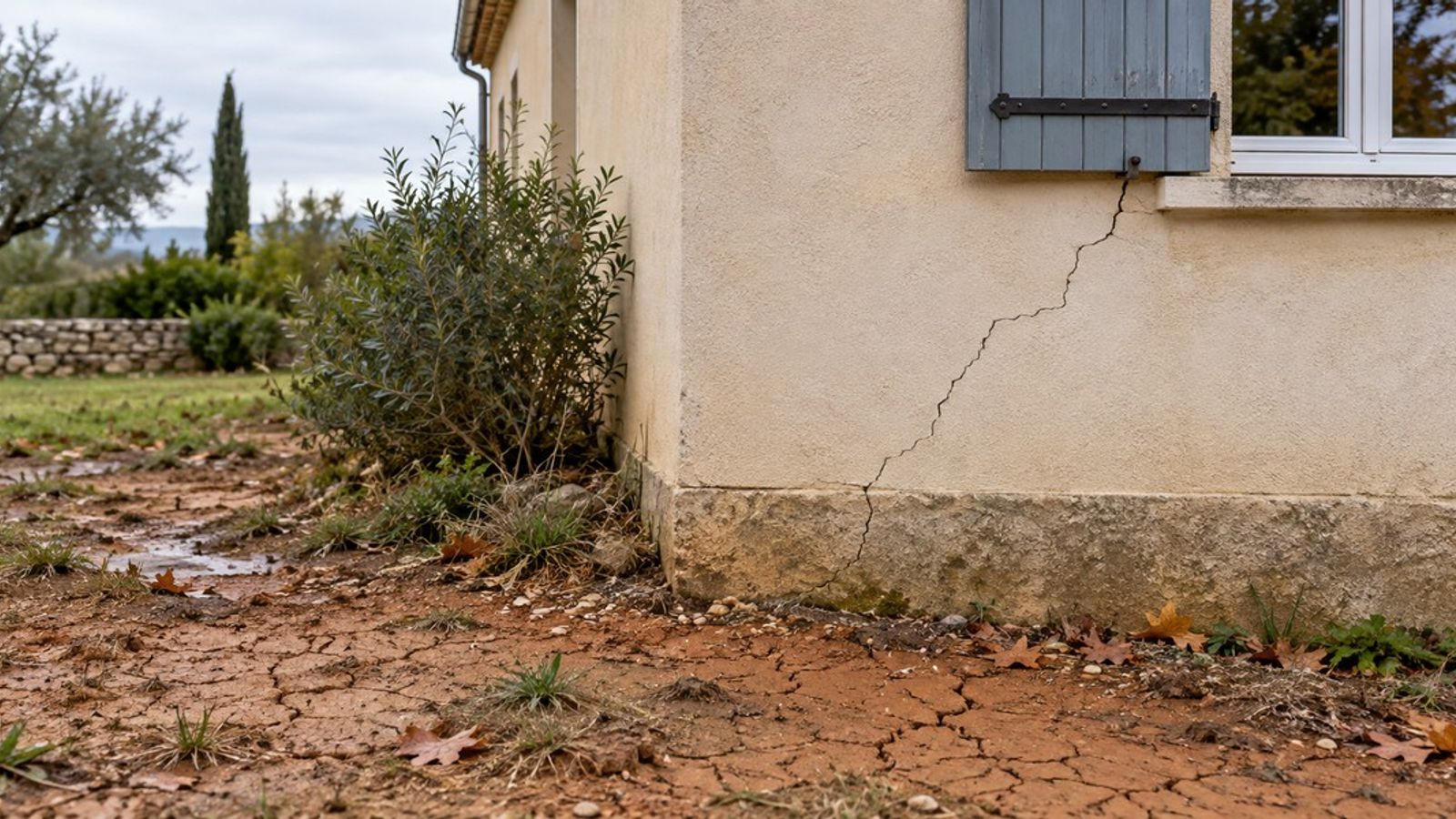 Fissure diagonale sous une fenêtre sur une façade beige, avec un sol craquelé et des zones humides au pied de la maison.